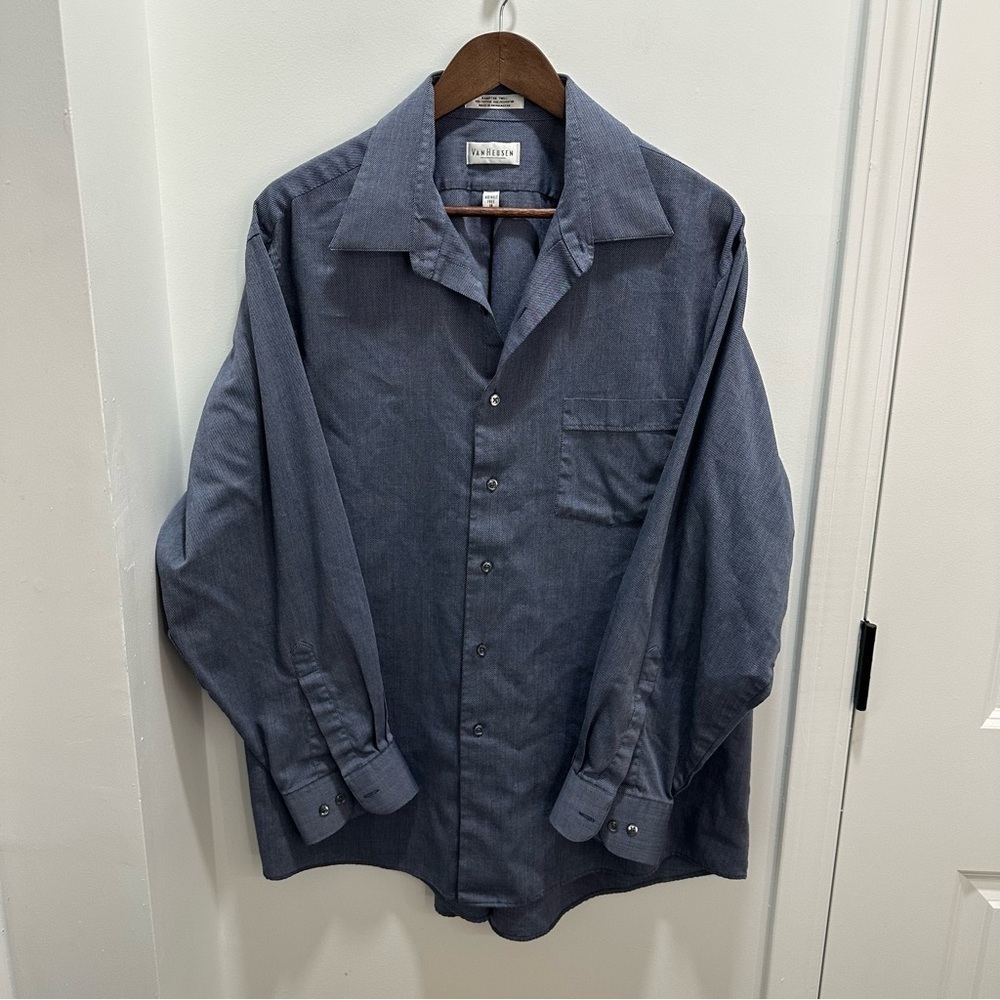 Van‎ Heusen Men's Blue Herringbone Wrinkle Free Dress Shirt Size 18 34/35